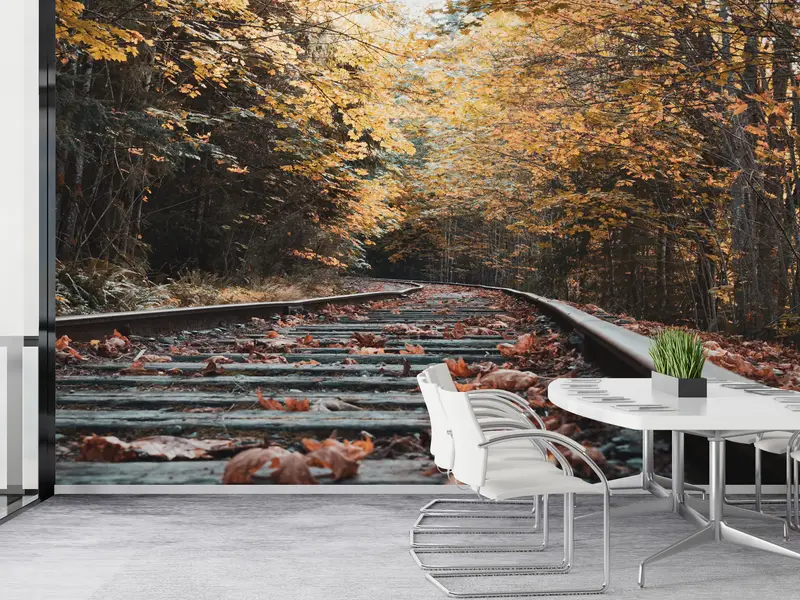 Baskılı Sonbahar Yaprakları Demiryolu Rayları Duvar Kağıdı - Nature Elegance