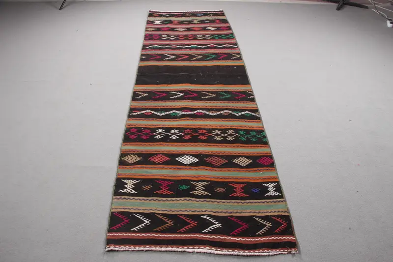 Turkish Vintage Rug 3x10.2 ft (91x311 cm), Kilim Black Southwestern Rug - 1
