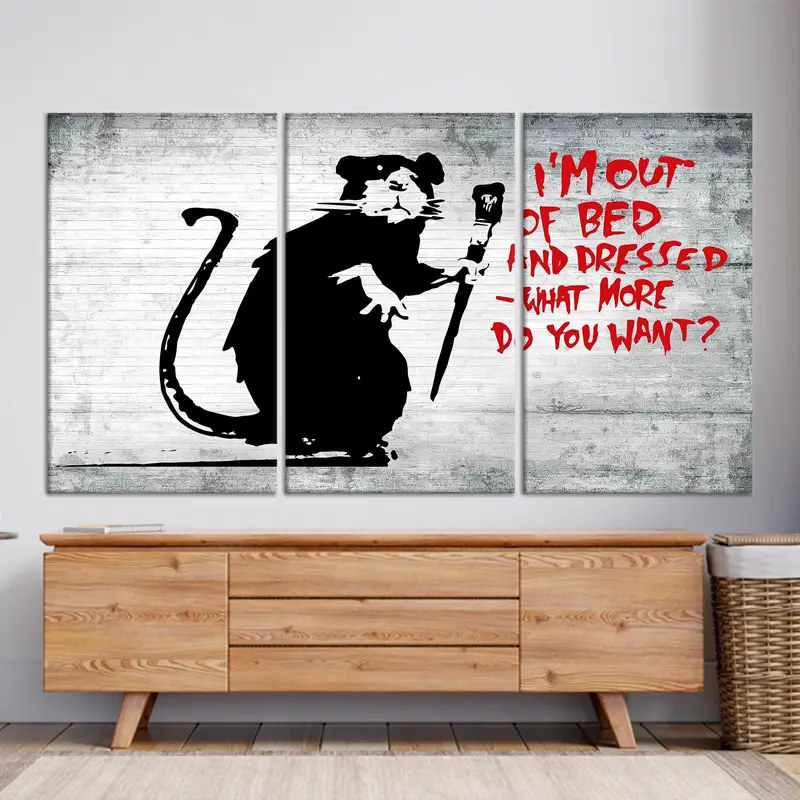 バンクシー マウス キャンバス: ベッドから出ました、グラフィティ アート
