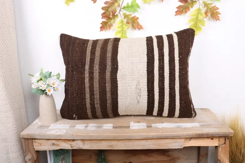 Turkish Pillow, Bench Cushion Case, Ethnic Pillow Cover Pillow Case, Antique Pillows, 16x24 Brown Cushion, Pillow Sham, Handmade Kilim Cushion - 1