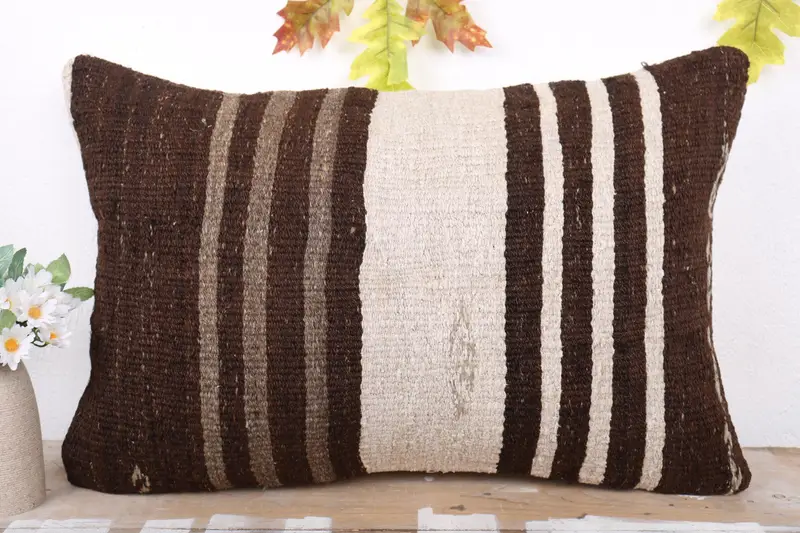 Turkish Pillow, Bench Cushion Case, Ethnic Pillow Cover Pillow Case, Antique Pillows, 16x24 Brown Cushion, Pillow Sham, Handmade Kilim Cushion - 2
