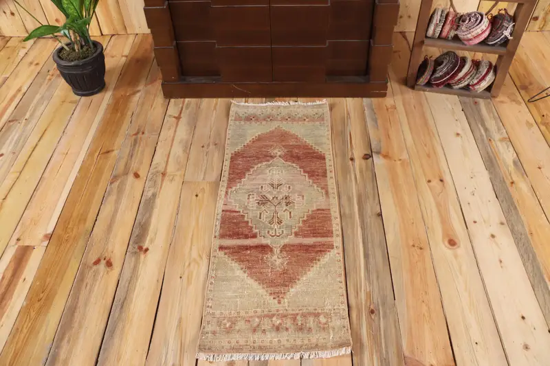 1.4x3.6 ft Small Vintage Rug, Red Geometric Turkish Rug - 1