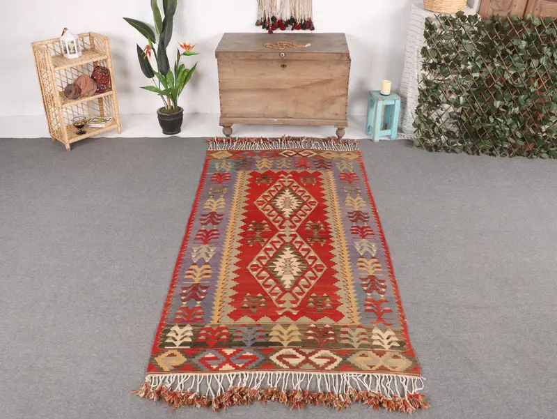 Red, Blue Patchwork Rug, 3,9x7,2 ft Elegant Decor