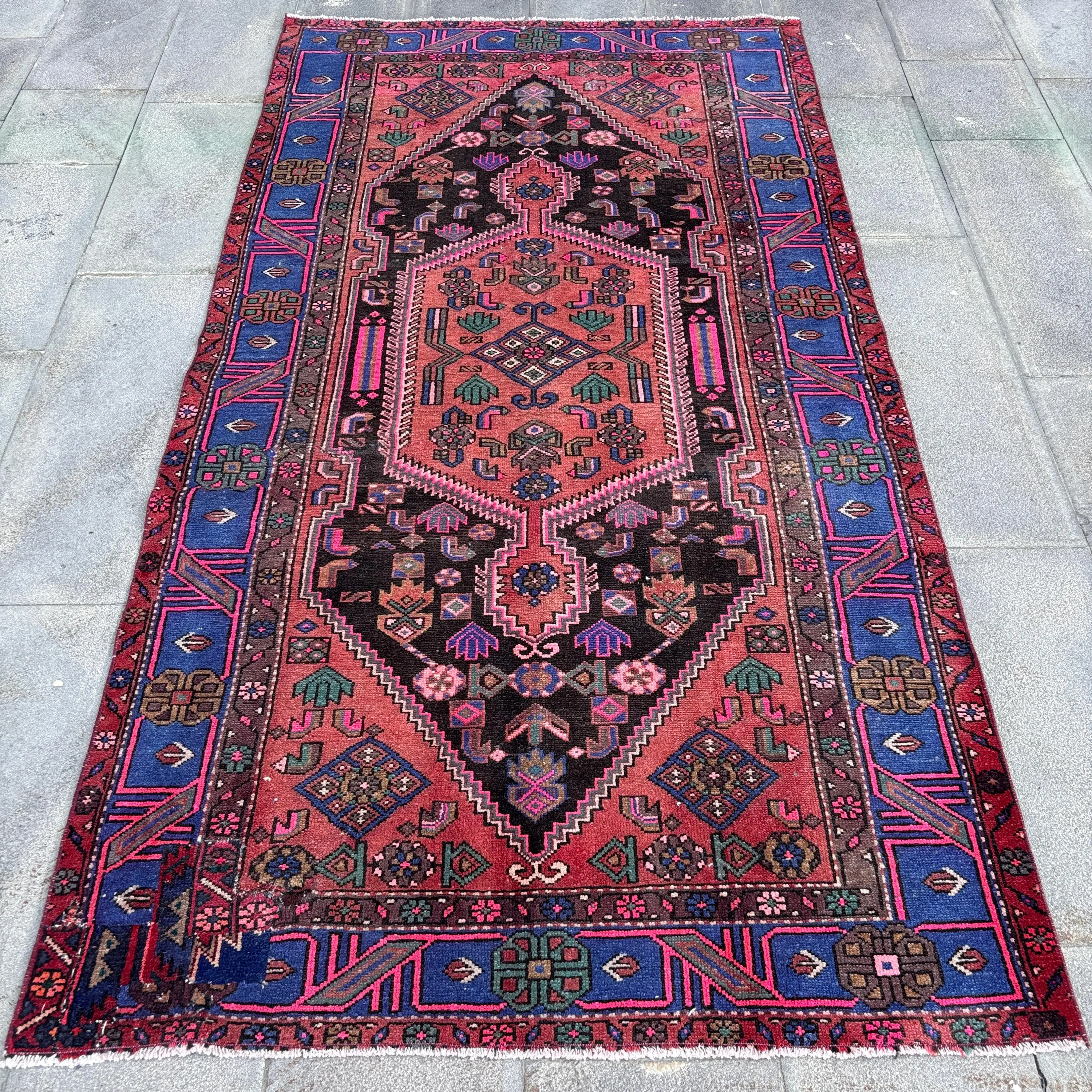 4.2x8.1 ft Turkish Area Rug, Vintage Red Bordered Rug - 1