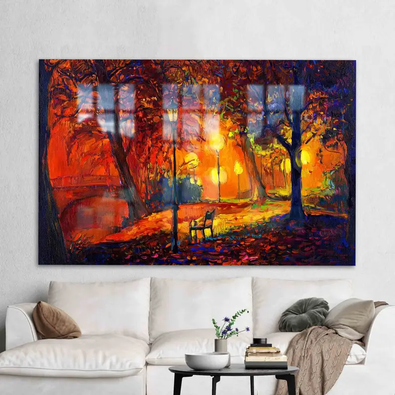 Vidrio impreso elegante: paisaje urbano nocturno de otoño en rojo y negro