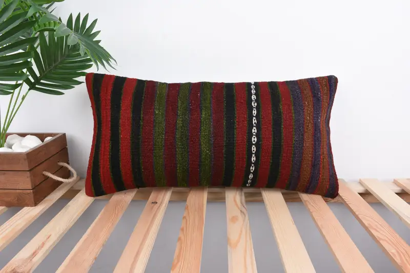 Indoor Cushion, Ethnical Kilim Rug Pillow, Turkish Pillow, Cushion, Pillow for Couch, Floor Pillow Sham, 12x24 Green Pillow Cover - 1