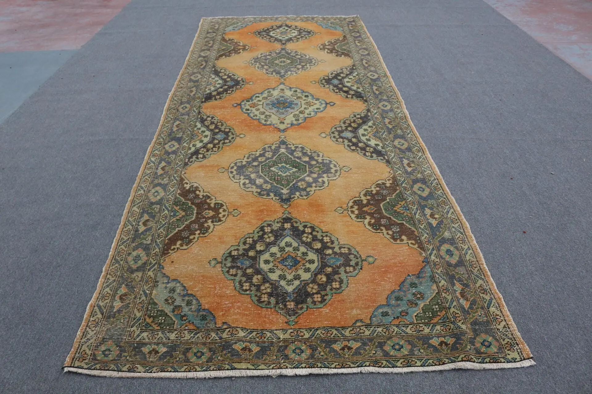 Alfombra Vintage Runner 5,1x13 pies (156x396 cm), alfombra turca floral naranja - 1