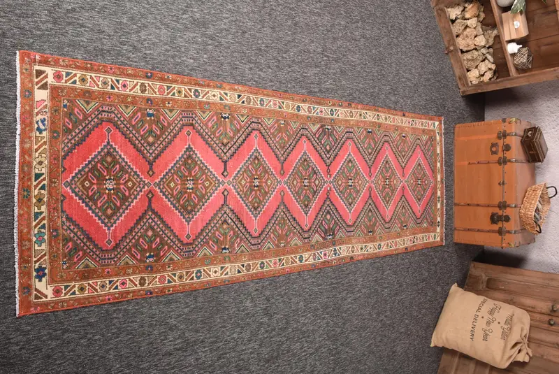 Vintage Oushak Teppich 3,3x10 ft (100x306 cm), brauner geometrischer türkischer Teppich - 1