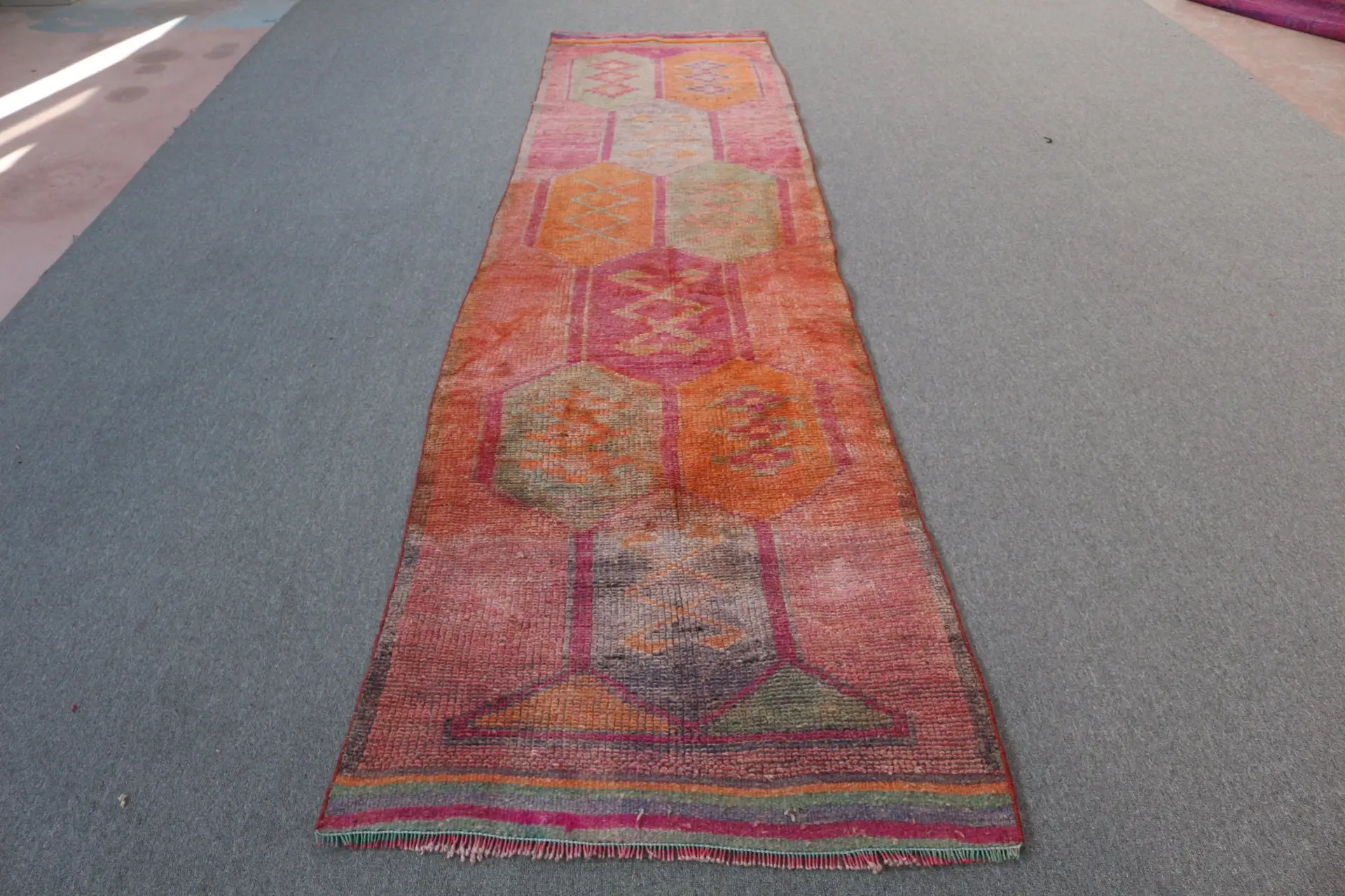 Turkish Vintage Rug 2.9x12.4 ft (89x377 cm), Herki Red Orange Camouflage Rug - 1