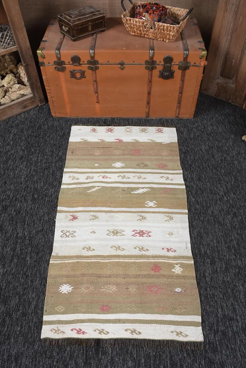 Vintage Kilim Halı 2.3x4.3 ft (70x132 cm), Kahverengi Paisley Türk Halısı - 1