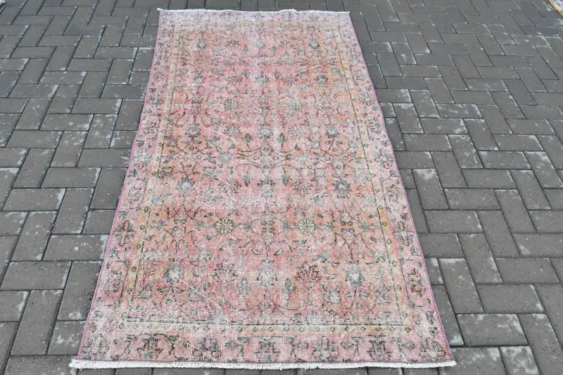 Vintage Türk Halısı 3.5x6.4 ft, Oushak Kırmızı Bordürlü Yün Halı - 1