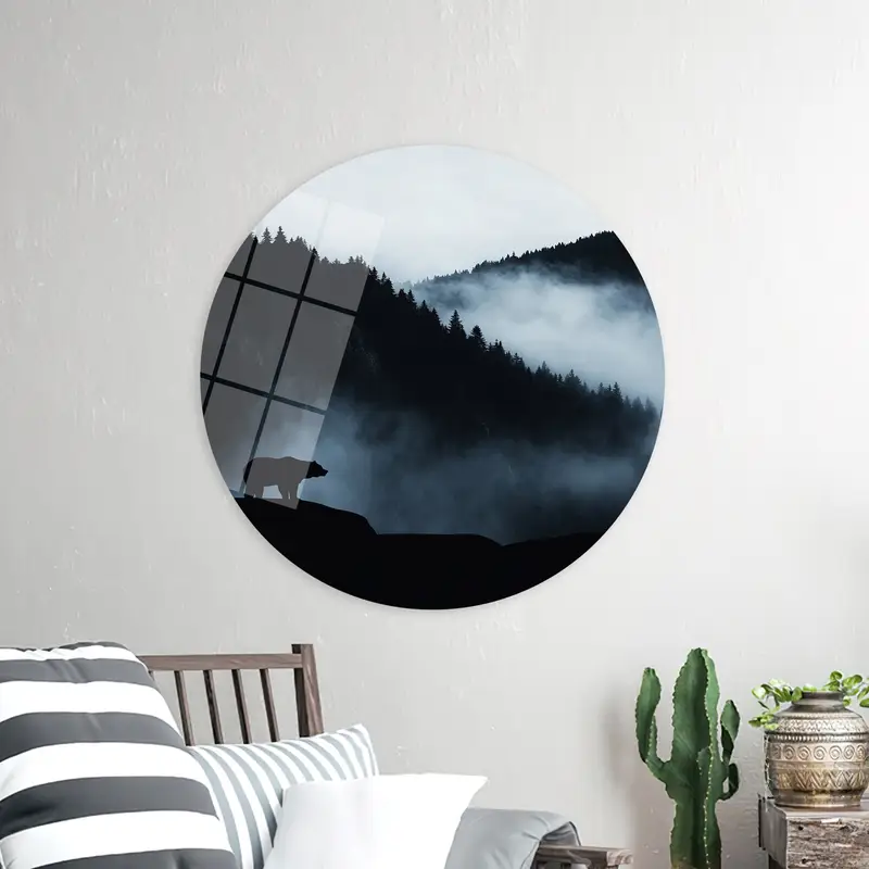 エレガントなキャンバス: 野生の風景クマのシルエット霧深い山々