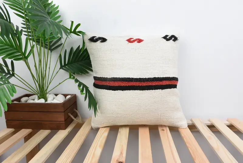 Boho Chic Pillow, Pillow Sham, Vintage Kilim Pillow, Gift Pillow, Tribal Cushion Case, Handmade Kilim Cushion, 18x18 White Pillow, Authentic Pillow - 1