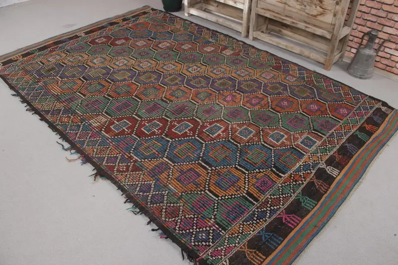 Türk Halısı, Büyük 5.6x9.2 ft Vintage Halı, Mavi Kırmızı Güneybatı Yün Halı - 1