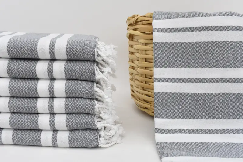 Embroidered Gray Striped Organic Cotton Beach Towel, 70x40 Inches