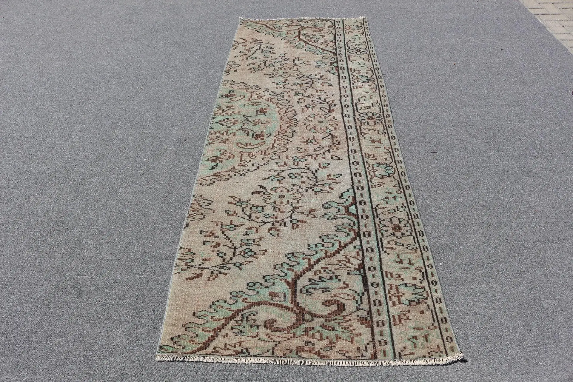 2.9x8 ft Vintage Runner Rug, Turkish Brown Floral Rug - 1