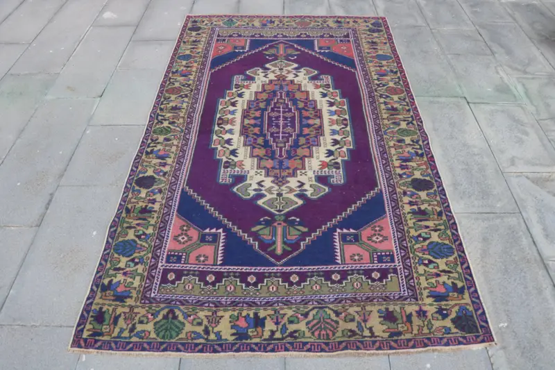 4.1x7.3 ft Turkish Rug, Vintage Area Rug, Purple Blue Striped Rug - 1