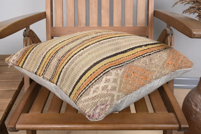 18x18 Beige Cushion Cover, Kilim Cushion Sham, Vintage Kilim Pillow, Boho Throw Cushion Cover, Cushion Case, Kilim Pillow Cover - 4