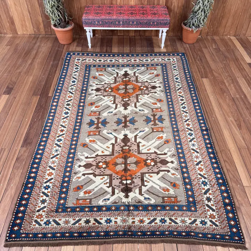 Oushak Rug, 5.8x8.6 ft Turkish Rug, Blue Abstract Rug Wool - 1