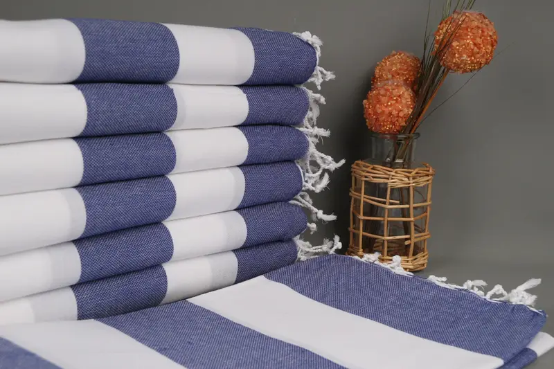 Embroidered Beach Towel Navy Striped, Organic Cotton, 40x71 Inches