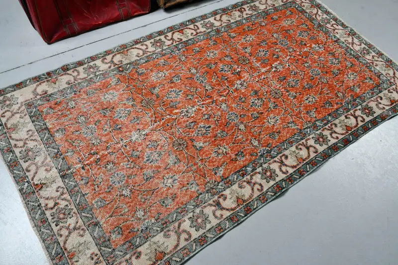 Türk Alan Halısı, 3.7x6.7 ft Vintage Halı, Turuncu Oushak Yün Halı - 1