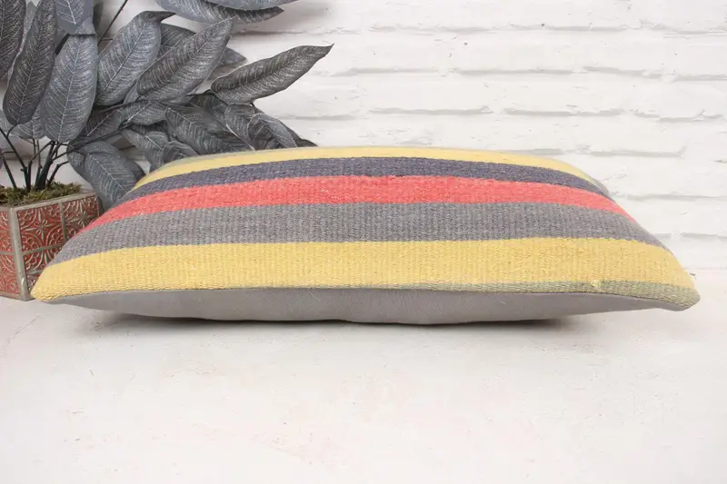Chair Cushion Cover, Boho Pillow, 12x24 Yellow Cushion, Cotton Pillow, Ethnical Kilim Rug Pillow, Vintage Kilim Pillow, Pillow Sham - 5