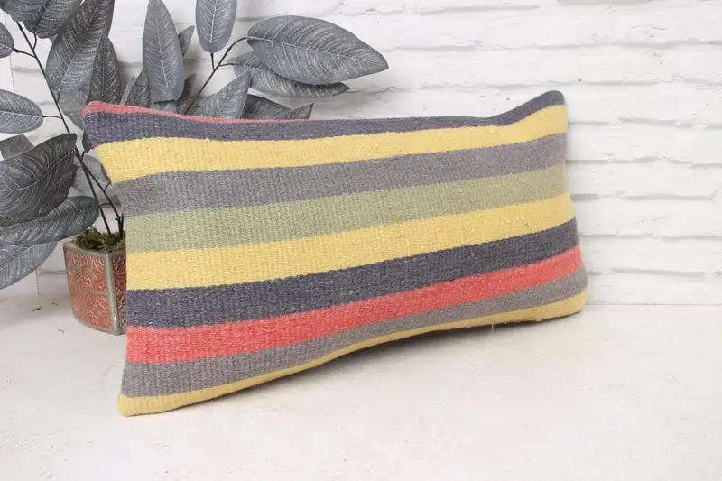 Chair Cushion Cover, Boho Pillow, 12x24 Yellow Cushion, Cotton Pillow, Ethnical Kilim Rug Pillow, Vintage Kilim Pillow, Pillow Sham - 3