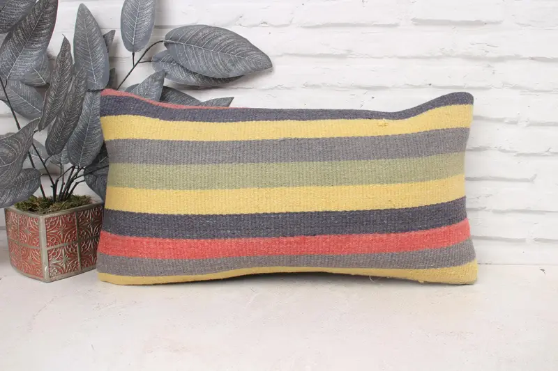 Chair Cushion Cover, Boho Pillow, 12x24 Yellow Cushion, Cotton Pillow, Ethnical Kilim Rug Pillow, Vintage Kilim Pillow, Pillow Sham - 1