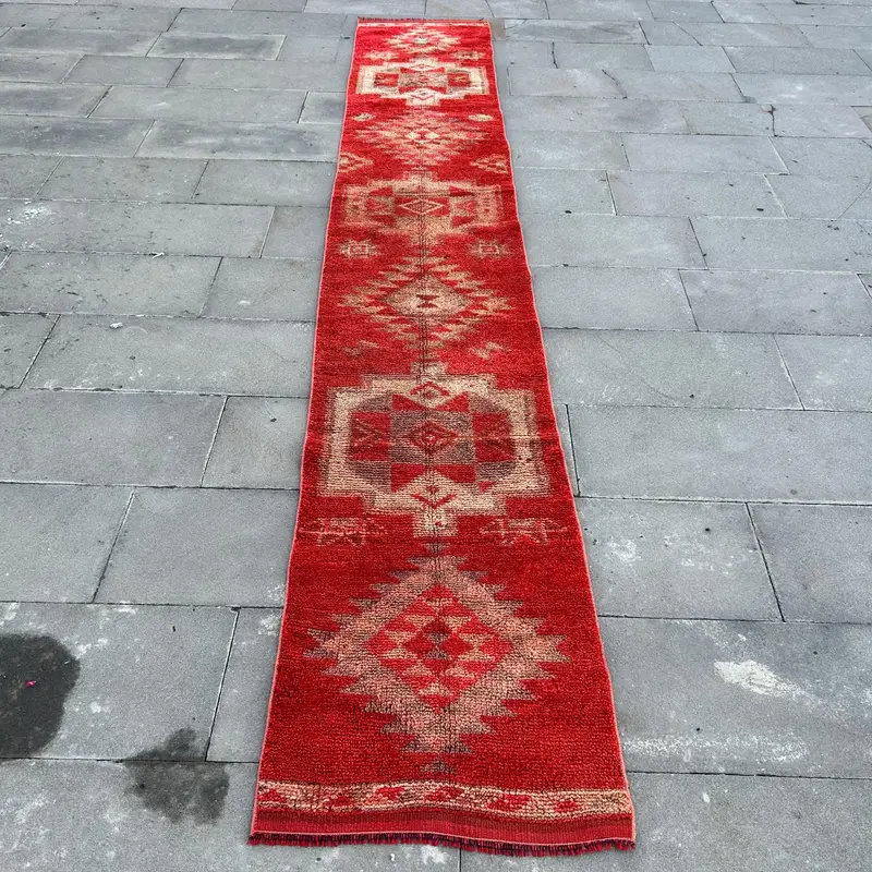 Vintage Turkish Runner Rug 1.9x12 ft, Herki Red Wool Rug - 1