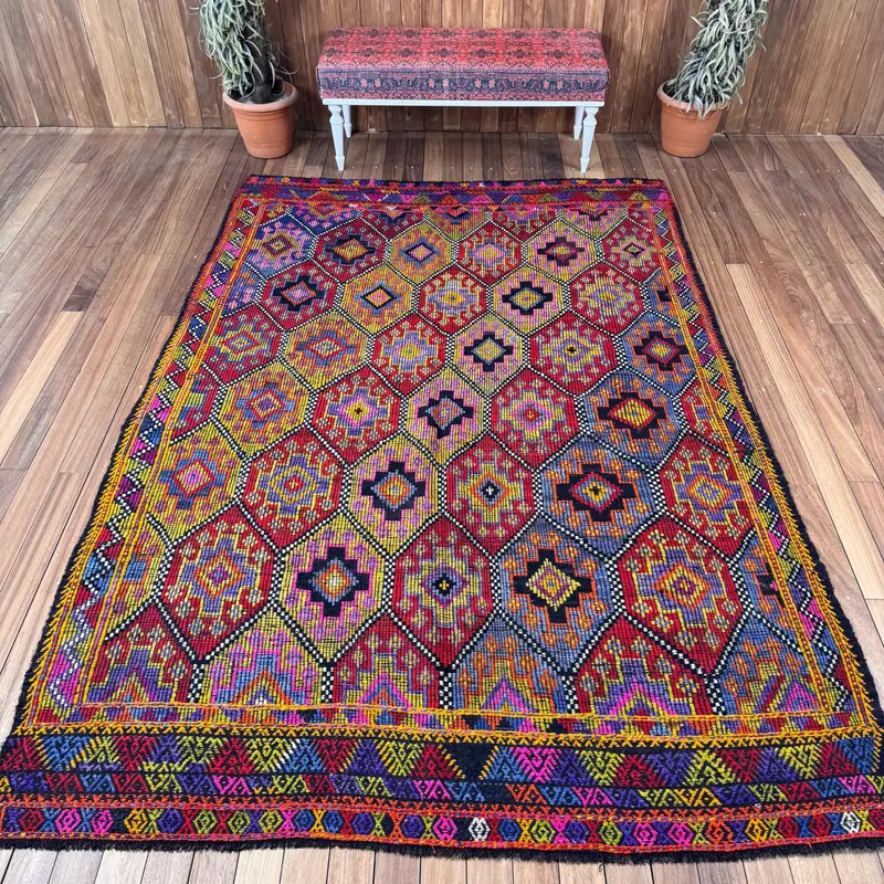 6.4x9.4 ft Large Turkish Rug, Vintage Rug, Red Blue Check Wool Rug - 1