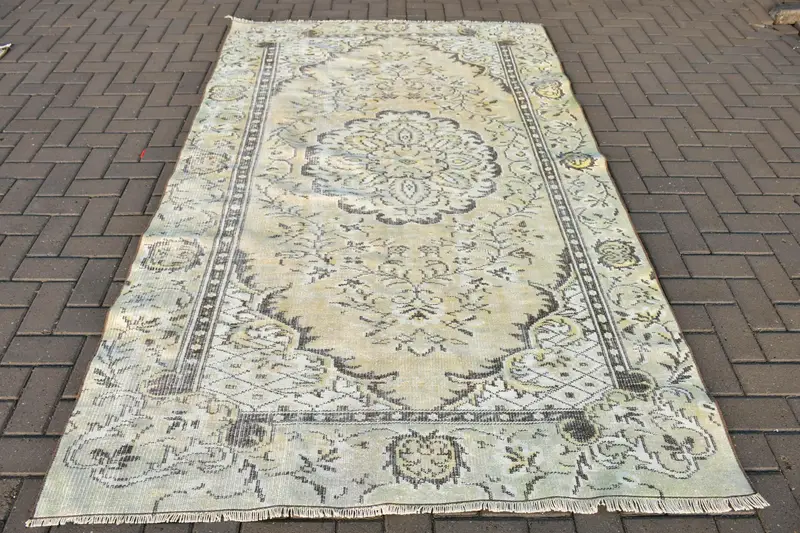 Vintage Rug, 5.2x8.3 ft Large Turkish Rug, Oushak Green Yellow Floral Rug - 1