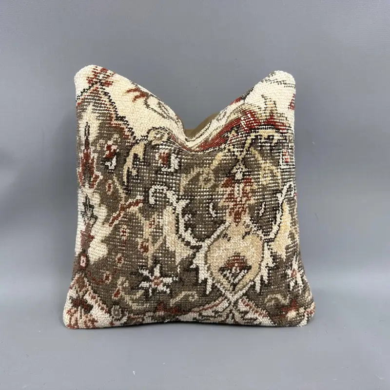 Beige & grün florales Kelim Kissen, Vintage besticktes Kissen