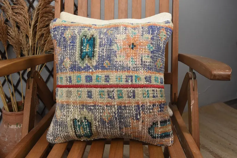 Cushion Case, Pillow for Sofa, Interior Designer Pillow, Kilim Pillow Cover, Turkish Rugs Pillow Case, 14x14 Blue Cushion Cover - 3