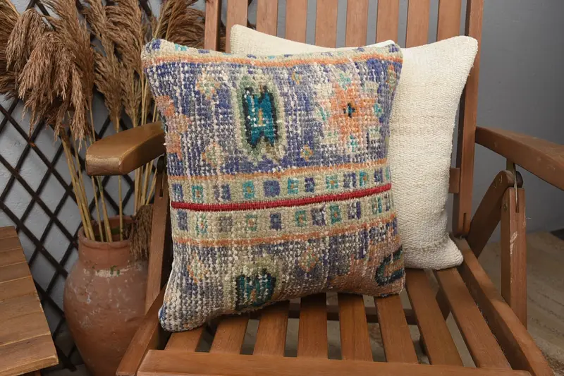 Cushion Case, Pillow for Sofa, Interior Designer Pillow, Kilim Pillow Cover, Turkish Rugs Pillow Case, 14x14 Blue Cushion Cover - 2