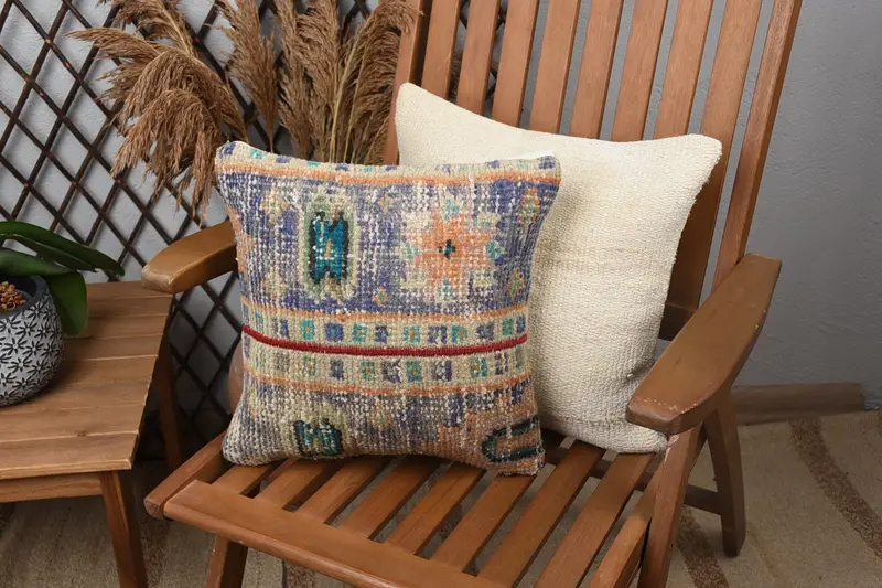 Cushion Case, Pillow for Sofa, Interior Designer Pillow, Kilim Pillow Cover, Turkish Rugs Pillow Case, 14x14 Blue Cushion Cover - 1