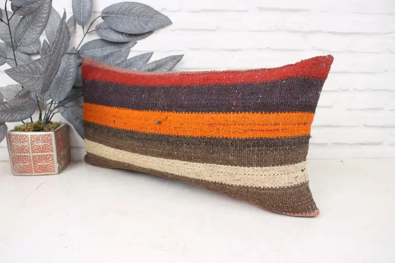 Kilim Cushion Sham, Luxury Cushion, 12x24 Orange Cushion Case, Toss Cushion Cover, Pillow for Sofa, Cushion, Kilim Pillow, Yoga Cushion - 4