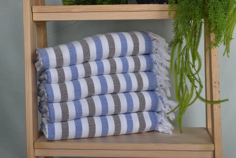 Beach Towel Blue-Brown Cotton Striped, Organic Linen, 40x63 Inches