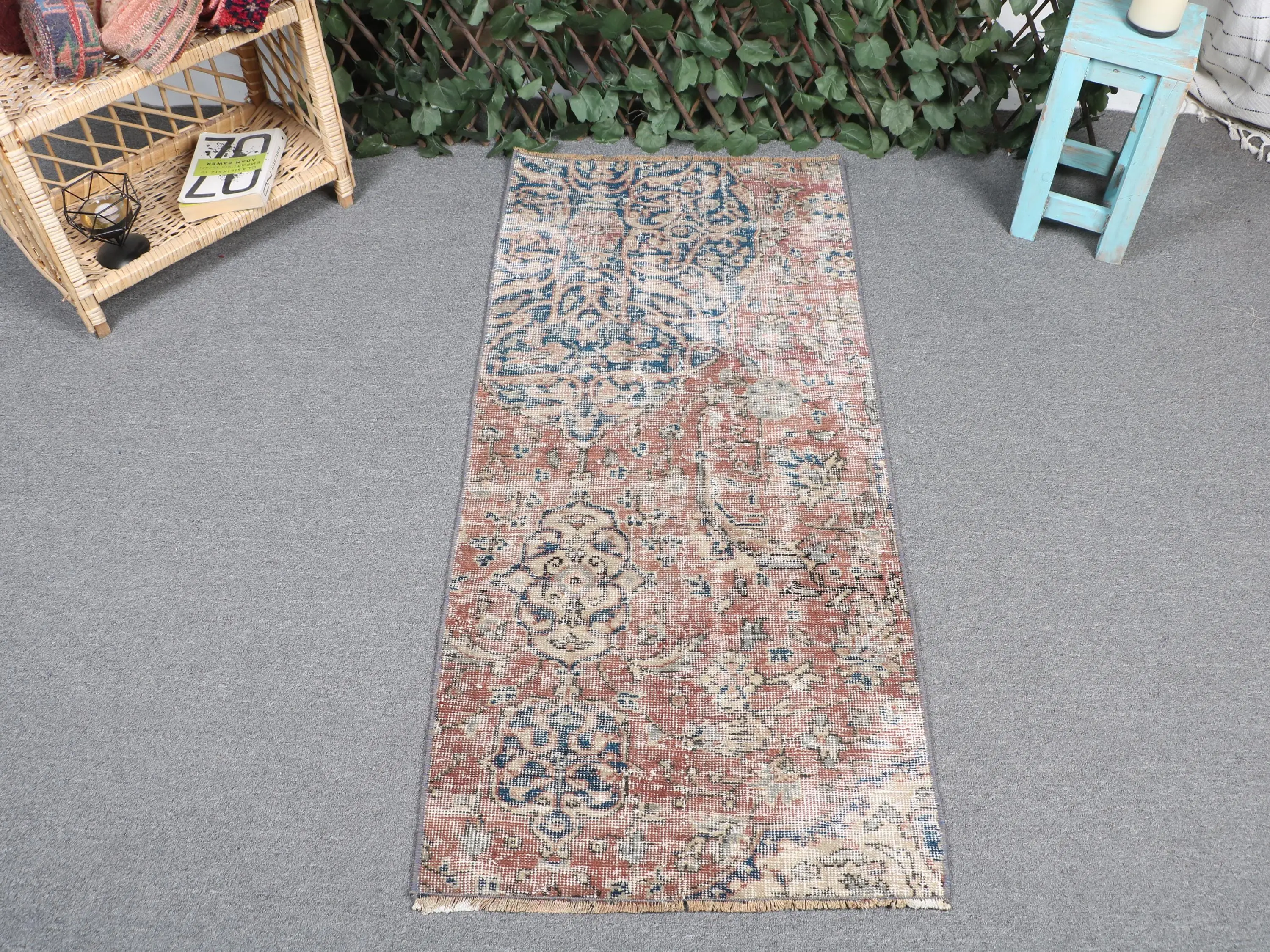 1.9x4.3 ft Vintage Rug, Turkish Small Rug, Blue Brown Check Wool Rug - 1