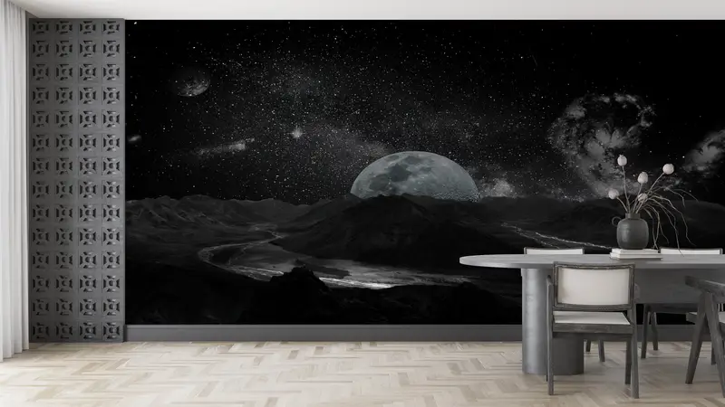 Bezaubernde Vollmond-Galaxie-Drucktapete für elegante Räume