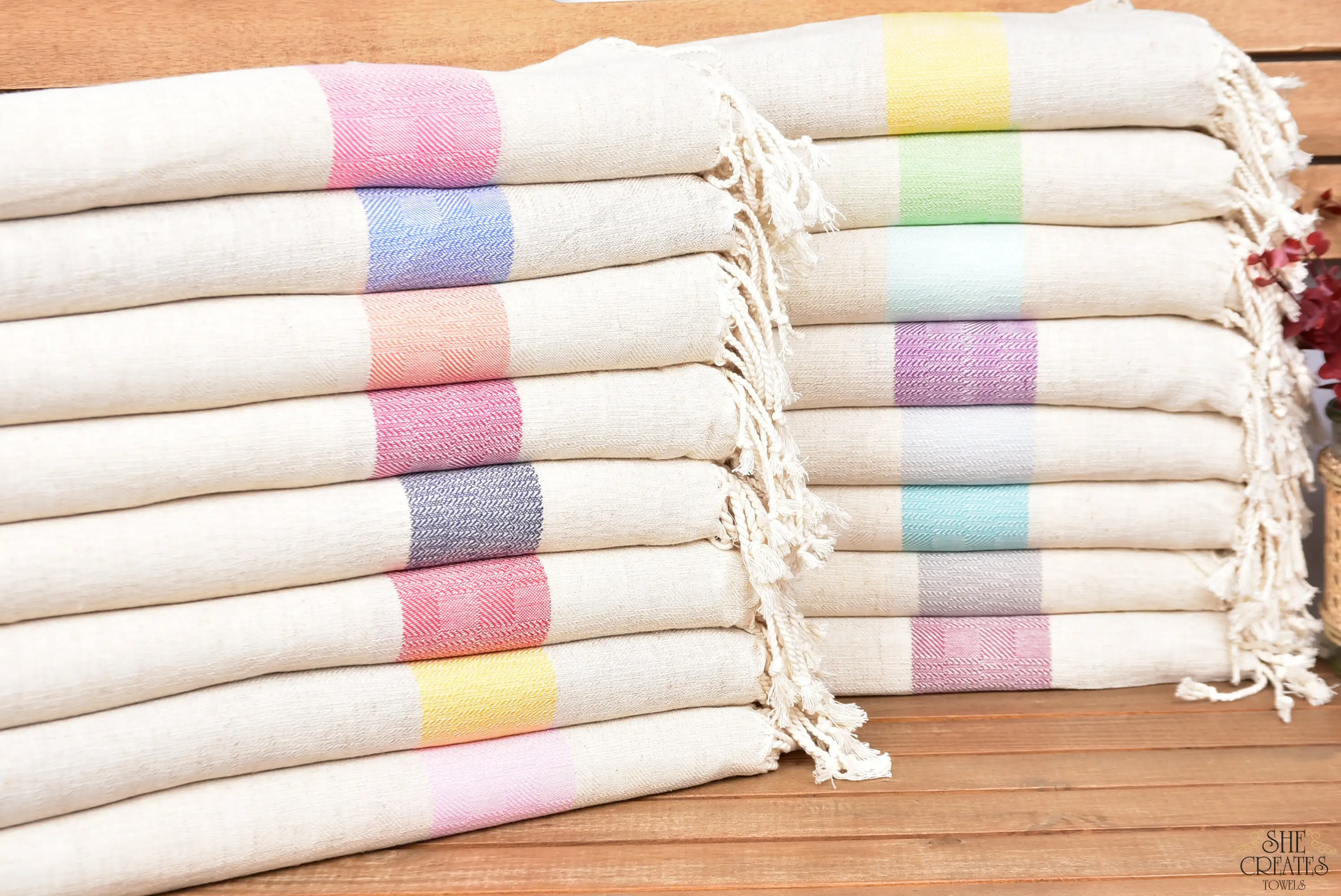 Handmade Gift Striped Linen Towel, Beige, 36x70 Inches - 1