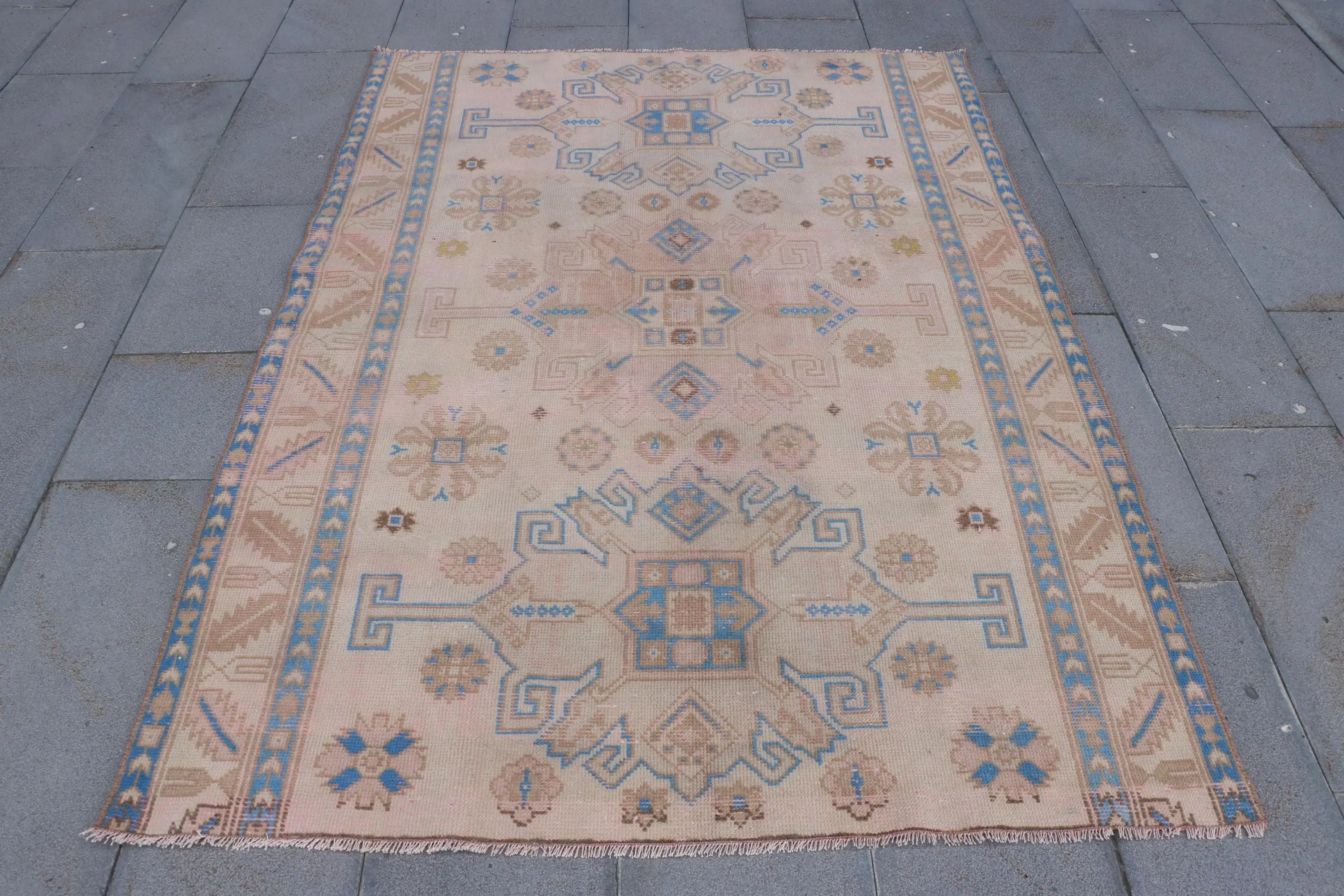 4,7x6,5 ft Teppich, türkischer Vintage-Teppich, blauer Wollteppich - 1