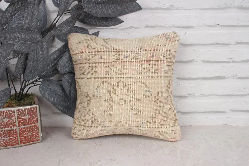 Cushion Case, Sofa Bolster Cushion, Kilim Pillow Cover, Aztec Pillow Cover, Gift Pillow, 12x12 Beige Cushion Case, Vintage Kilim Pillow - 1