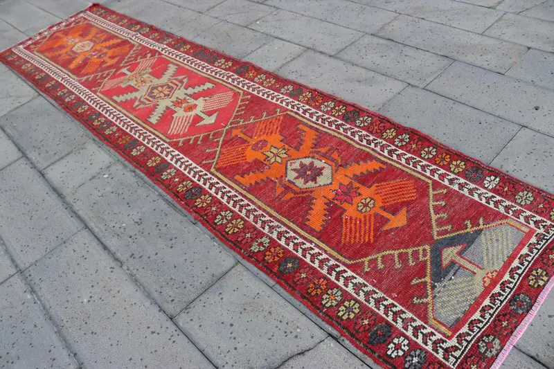 Turkish Vintage Rug 2.8x12 ft, Herki Red Plants & trees Wool Rug - 1