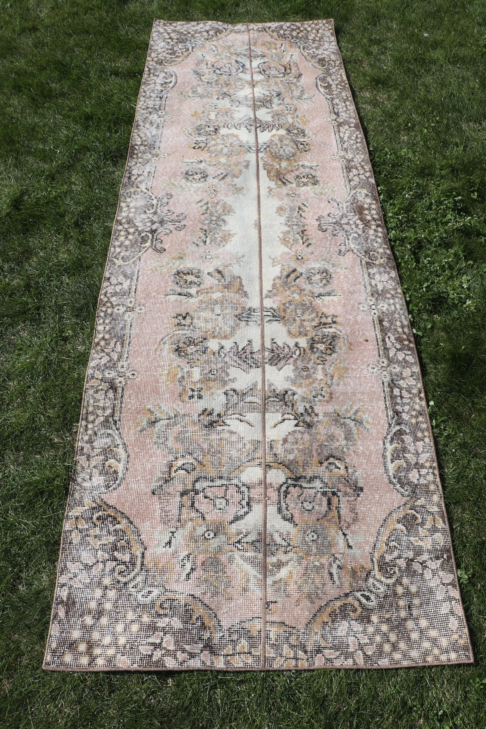 Türkischer 3x9,6 ft Teppich, Läufer Vintage Teppich, rosa brauner Patchwork Teppich - 1