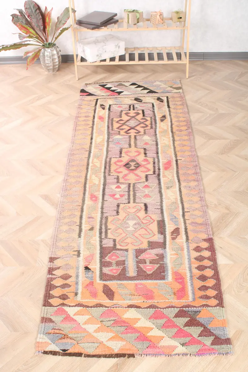 Vintage Turkish Kilim Rug 2.8x8.7 ft (85x265 cm), Orange Solid Wool Rug - 1