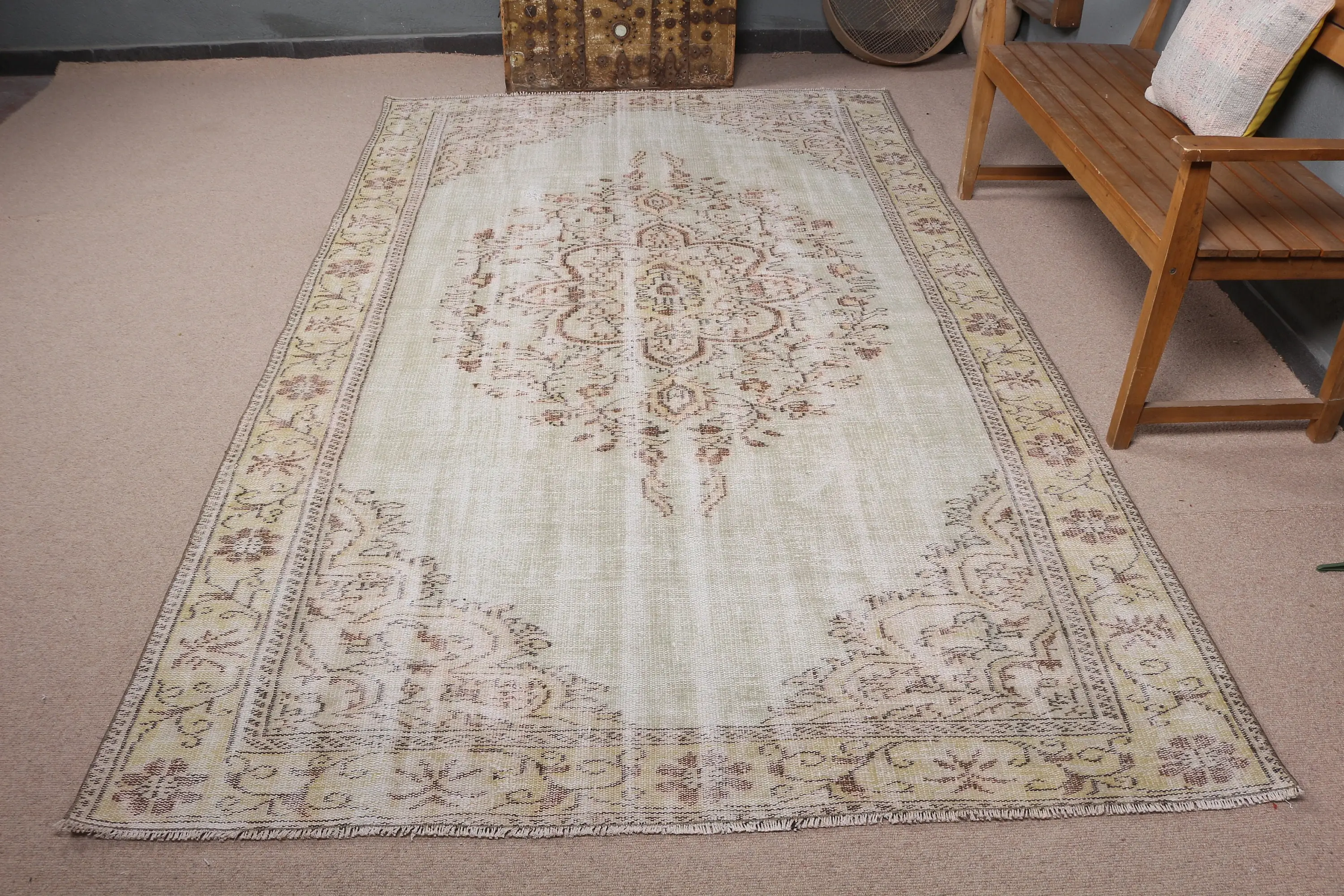 Türk Büyük Halı 5.8x9.6 ft (176x294 cm), Vintage Beyaz Soyut Yün Halı - 1
