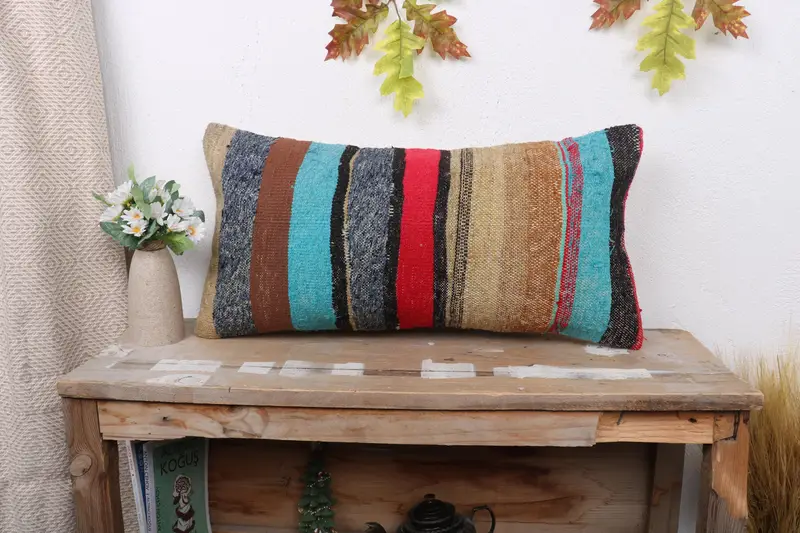 Aztec Cushion, Accent Pillow, Vintage Kilim Throw Pillow, Cushion Cover, Vintage Pillow, Rustic Cushion Case, Kilim Pillow, 12x24 Blue Pillow Cover - 1