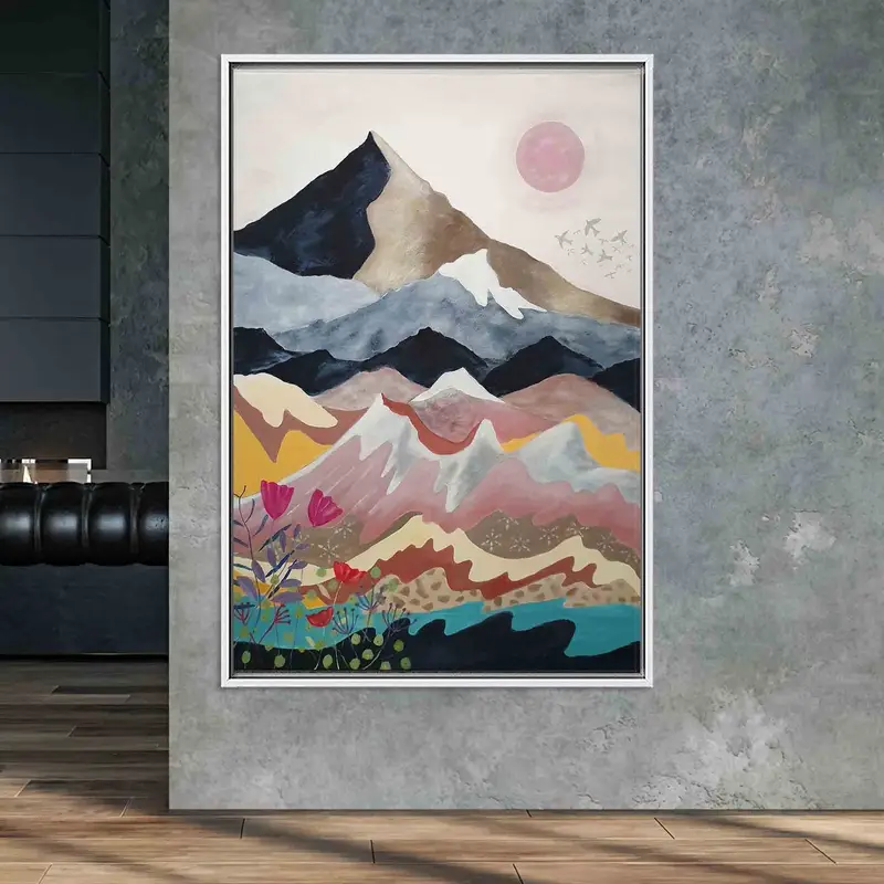 Moderne Berglandschaftsleinwand: Abstrakte Sonne, zeitgenössische Naturkunst