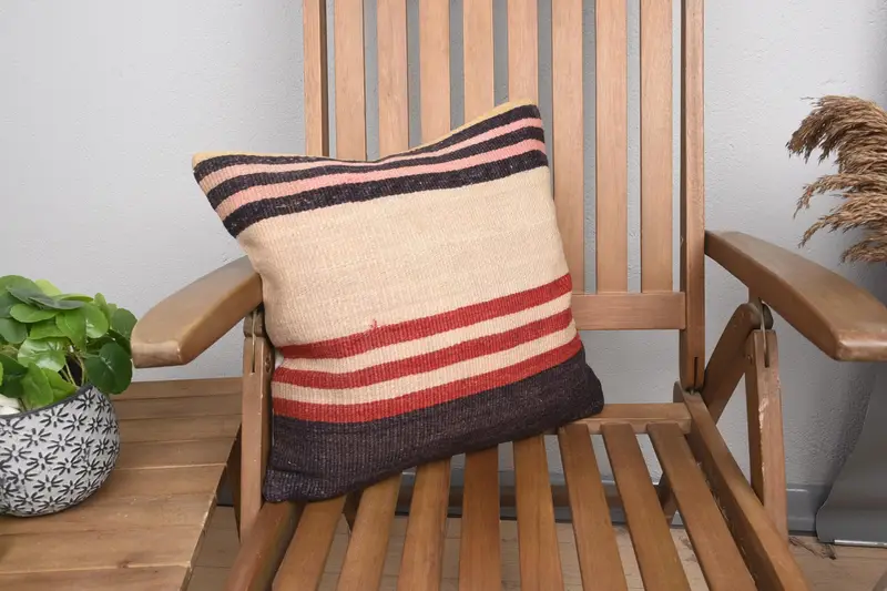 Turkish Square Striped Pillow Sham, 40x40 cm Beige Antique Cushion Case - 1