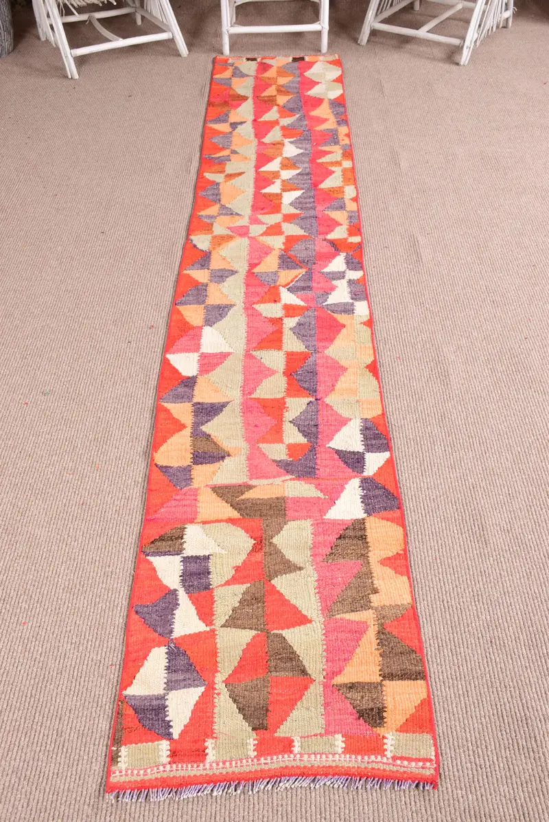 Alfombra vintage, alfombra corredor de 1,9x10,7 pies, alfombra de lana Kilim naranja roja - 1